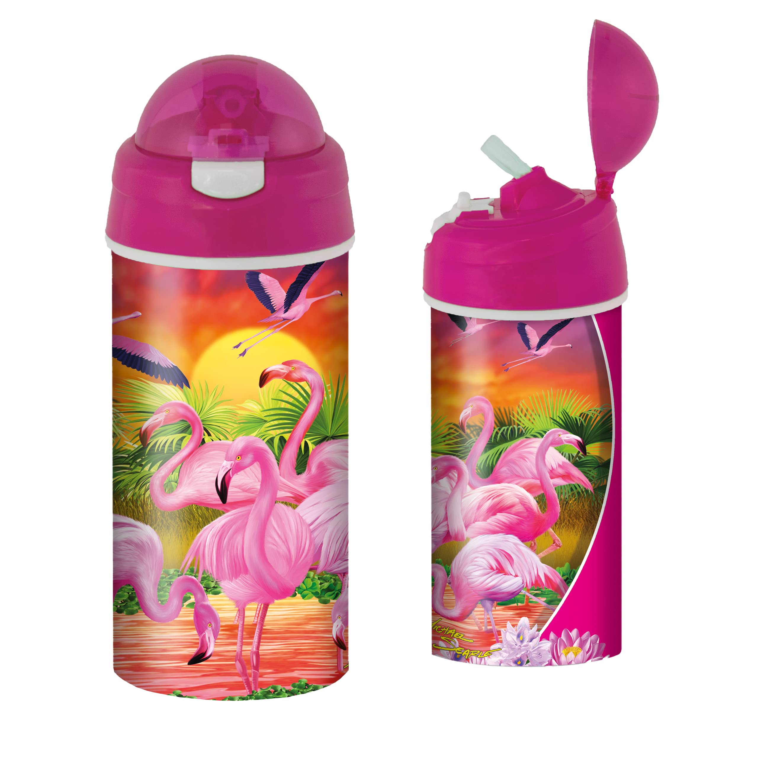3D LiveLife Drinking Bottle - Flamingo Lingo from Deluxebase. 3D Lenticular 600ml BPA Free Reusable Pink Water Bottle with Straw & Flip Top Lid. Leak Proof Animal Drinks Bottles with Flamingo Design.