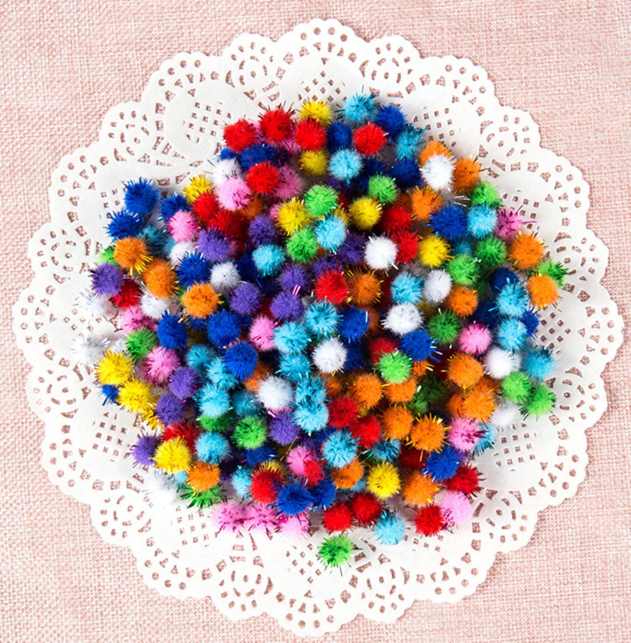 Blausky Pack of 300 Mini Pompoms, Round Pompoms, Plush Pompoms with Colourful Glitter, Fluffy Plush Balls, Pompoms for Crafts, for Easter, DIY, Creative Craft, Sewing Decorations, Colourful, 1 cm