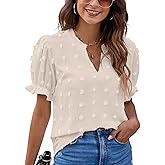 Blooming Jelly Women's Puff Sleeve Casual Tops Fashion White Polka Dot Blouses Dressy Ladies Summer Tops