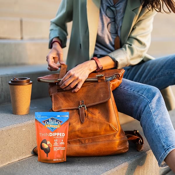 BLUE DIAMOND ALMONDS, DARK CHOCOLATE SEA SALT CARAMEL COVERED THIN DIPPED SNACK NUTS FOR GUILT-FREE SNACKING WITH HALF THE SUGAR, PERFECT FOR GATHERING, HOLIDAYS, OR CRAVING A SWEET TREAT, 4OZ. RESEALABLE BAG