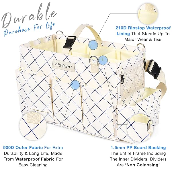 FIFTHSTART CLEANING CADDY FOR CLEANING SUPPLIES – LARGE CLEANING BAG ORGANIZER TOTE WITH SHOULDER STRAP, MESH BASE & ADJUSTABLE DIVIDERS – HEAVY DUTY CLEANING BAGS FOR HOUSEKEEPERS (BLUE CHECK, LARGE)