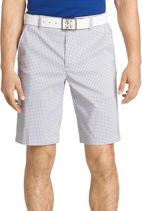 IZOD Men's Flat Front Straight Fit Plaid Golf Short, Deep Bright White