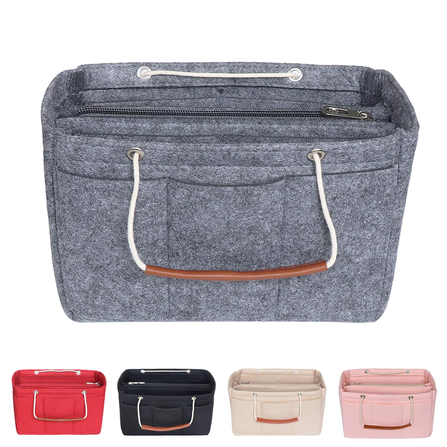 Soyizom Felt Bag Organiser Insert Handbag for Women,Travel Makeup Handbag Organiser Insert Bag Liner for Tote with Handles Keychain(Medium,grey)
