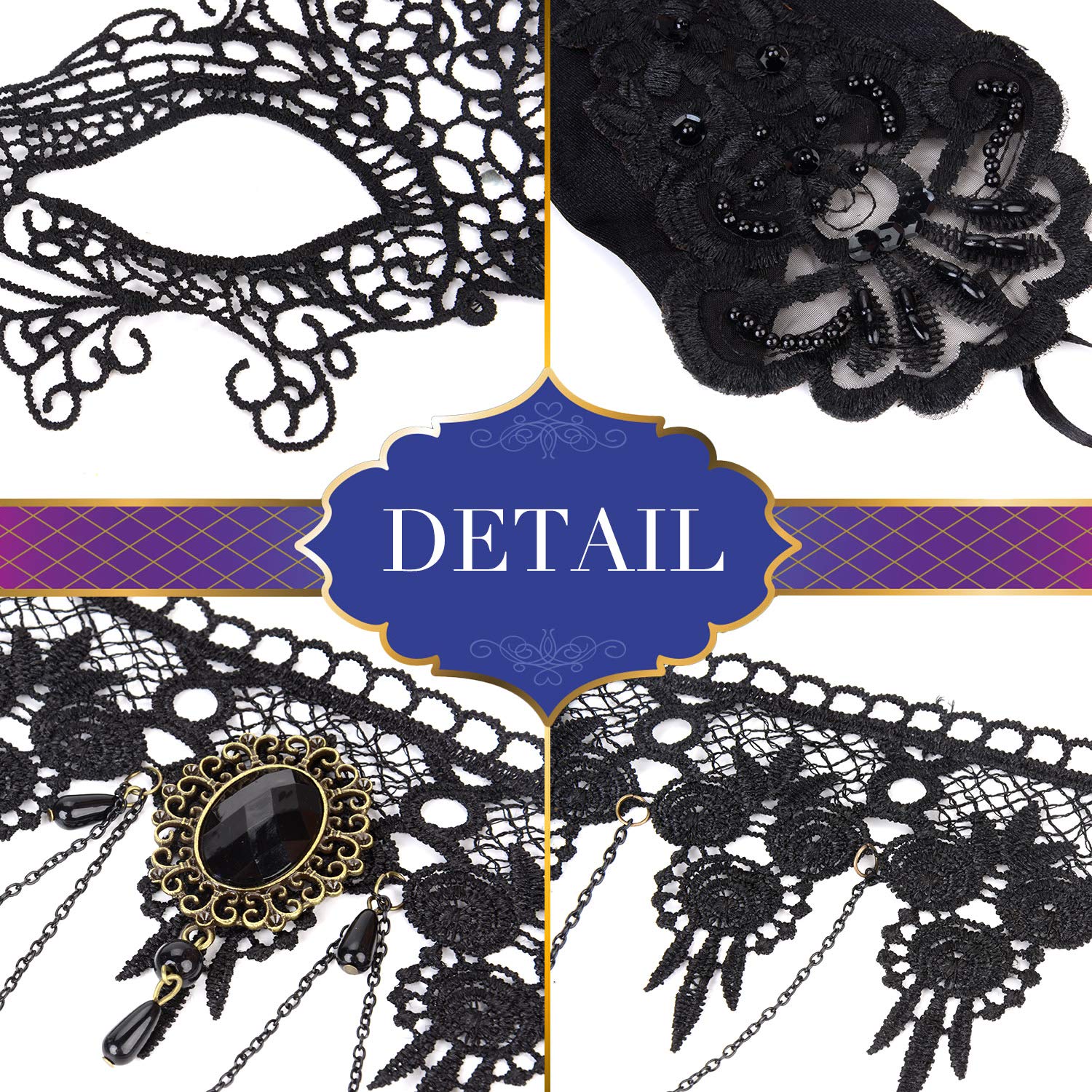 Aniwon Punk Style Halloween Party Black Lace Choker Necklace Fingerless Satin Embroidered Gloves Lace Masquerade Mask Set for Women for Wedding Evening Vampire Costume steampunk Accessories