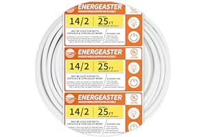 Energeaster Solid Indoor 14/2 W/G NMB Cable 25ft Coil，Electrical Wire 14 Gauge Wire 2 Conductors Non-Metallic with Ground Wire(White)