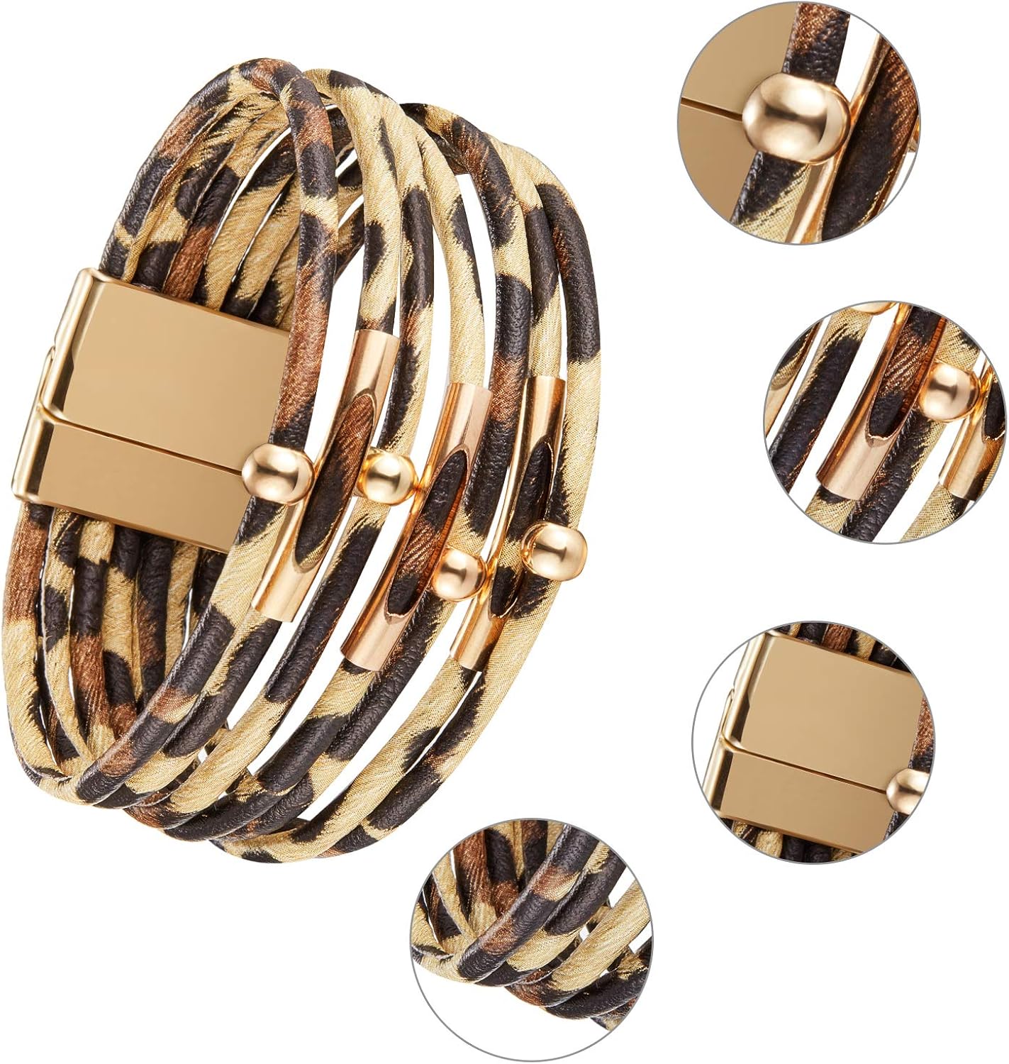 Hicarer 5 Pieces Leopard Tube Bracelet Multilayer Leather Cuff Bracelet Boho Leopard Wrap Bracelet: Jewelry