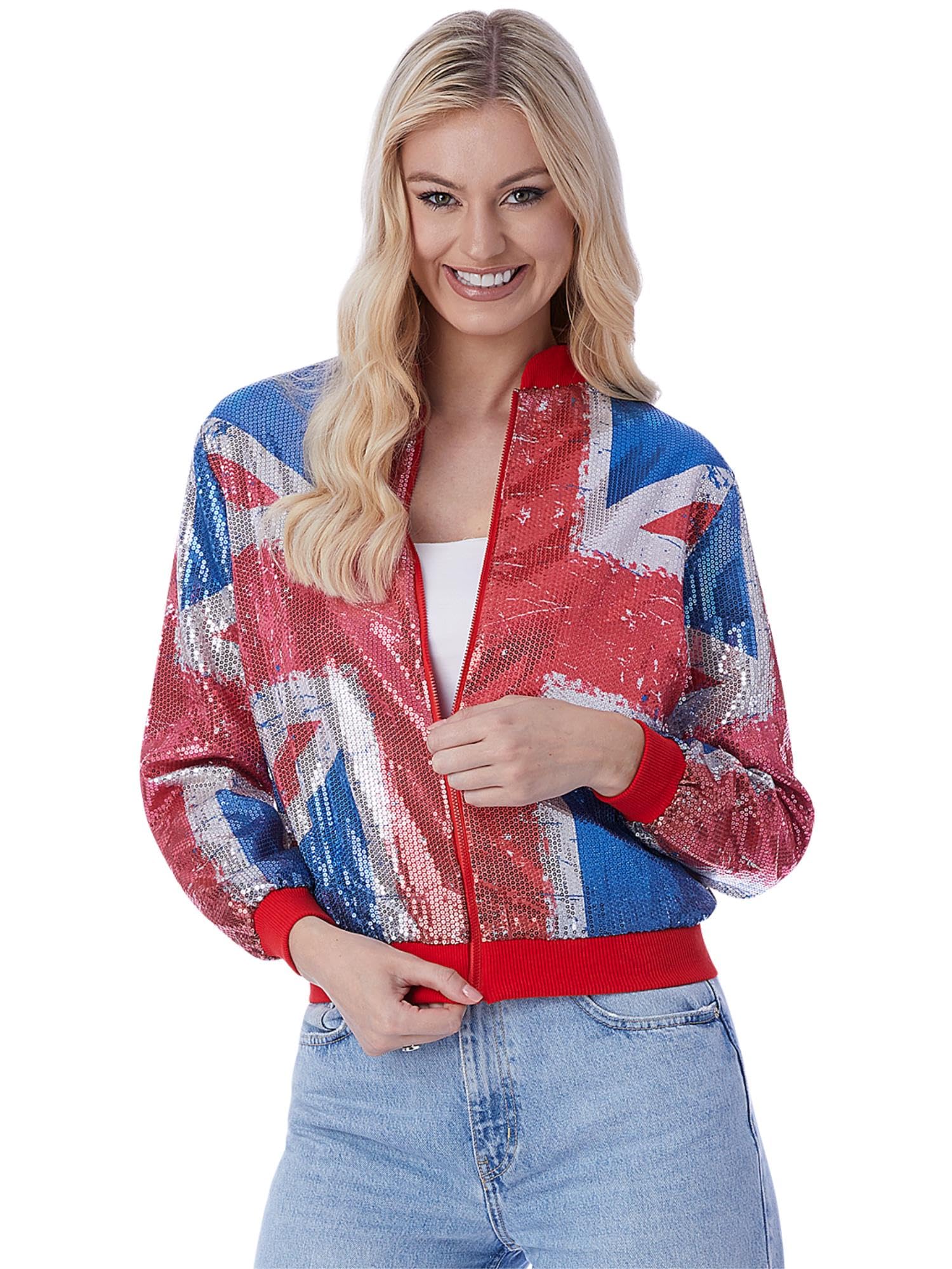 Smiffys Union Sequin Bomber Jacket Vintage Style Print, Union Jack Fancy Dress, Union Jack Dress Up Costumes