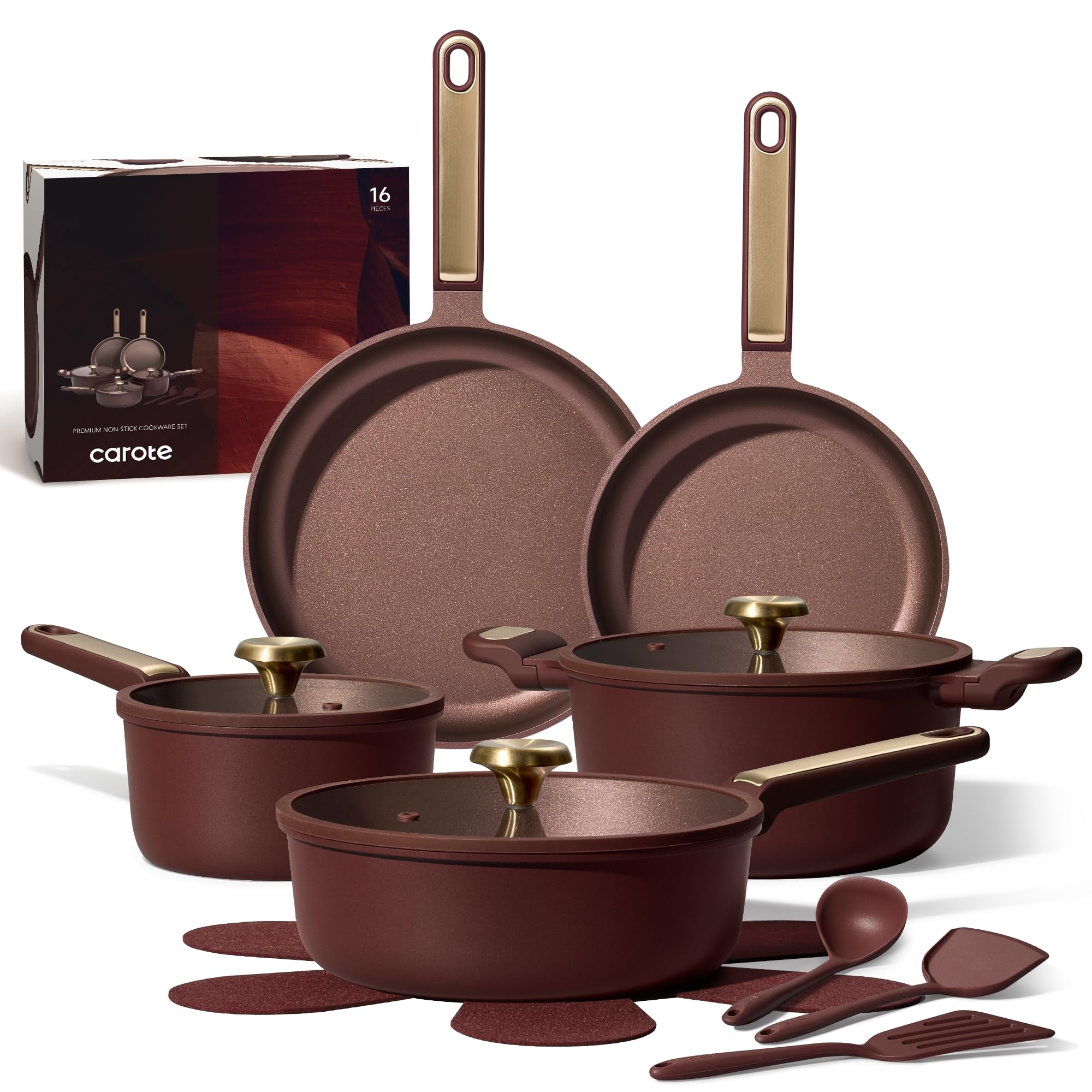 Photo 1 of **MISSING ONE LID AND UTENSILS**CAROTE Pots and Pans Set Nonstick, 16pcs Cookware Set Nonstick Non-Toxic & PFOA&PFOS-Free, Dishwasher, RV/Camping Cookware Set, Cooking Pots with Lids,Wine Red