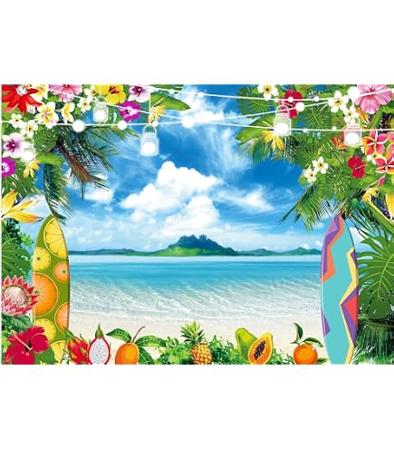 Loccor 6x4ft Fabric Cartoon Beach Backdrop Tropical Palm Tree Ocean Coastal Scenery Photography Background Beach Birthday Party Decorations Baby Children Portrait Photo Booth Shooting Studio Props