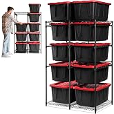 CleverMade 27 Gallon Tote Storage Rack, 10-Bin Double Tower, 500 lb, Black | Garage Organization And Storage | Individual Rails Access Any of 10 Totes Without Unstacking | Steel Supports 50 lb Per Shelf