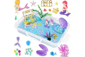 SIKMCLE Ocean Sensory Bin Blue Moldable Sensory Sand Kit Sandbox with Lid Colorful Plastic Sea Shell Conch Starfish Gems Toys for Kids,Kids Gifts for Boys and Girls