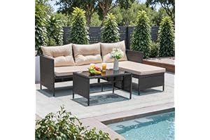 Greesum 3 Piece Patio Furniture Set Outdoor Wicker Rattan Sectional Sofa with Cushions & Coffee Table for Yard, Garden, Porch, Poolside, Light Beige
