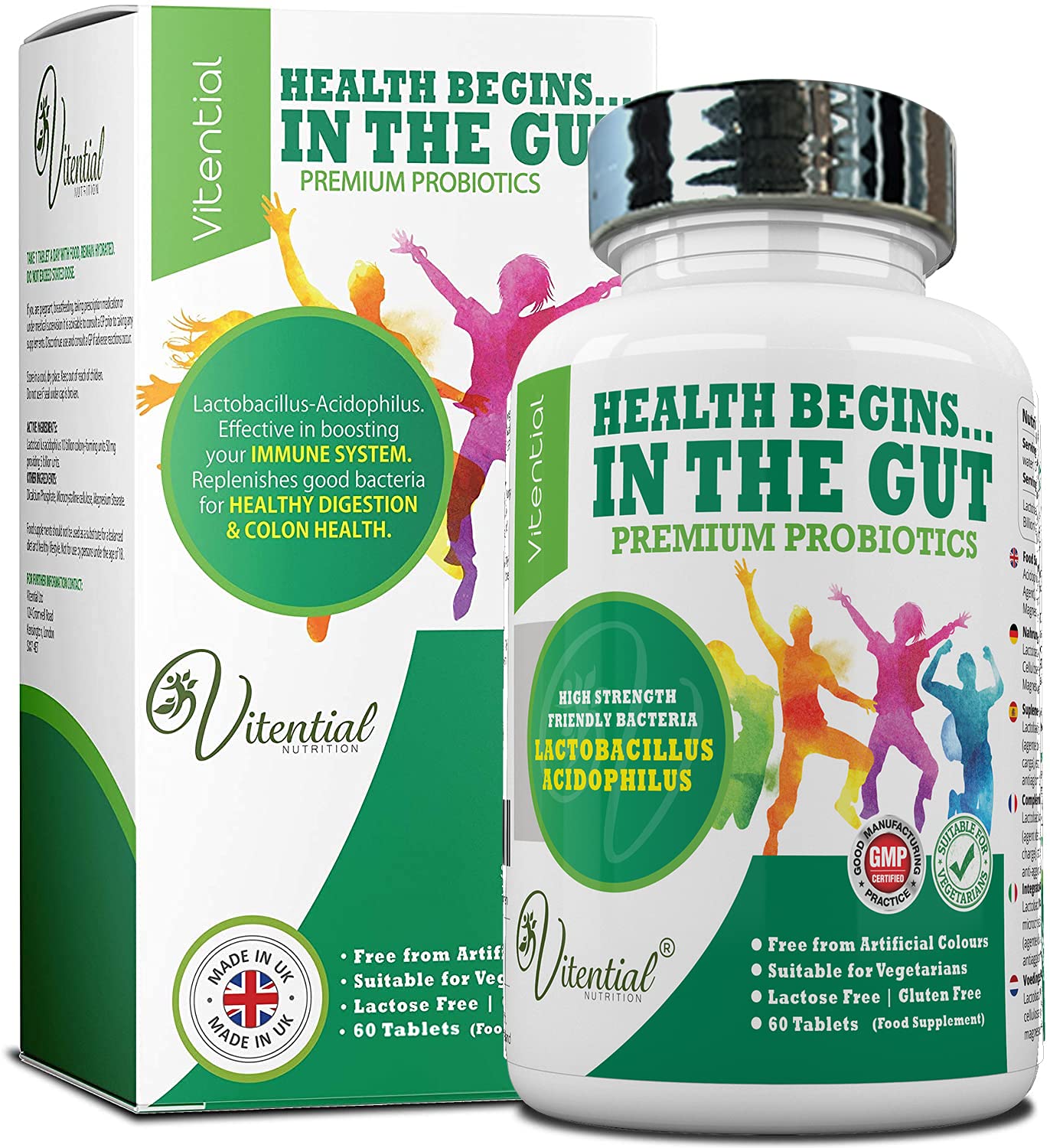 Vitential Nutrition Probiotics for Adults - 60 Vegan Tablets - High Strength Acidophilus Lactobacillus Probiotic Supplements – Promotes a Healthy Digestive & Colon Cleanse - Treatment for Men & Women