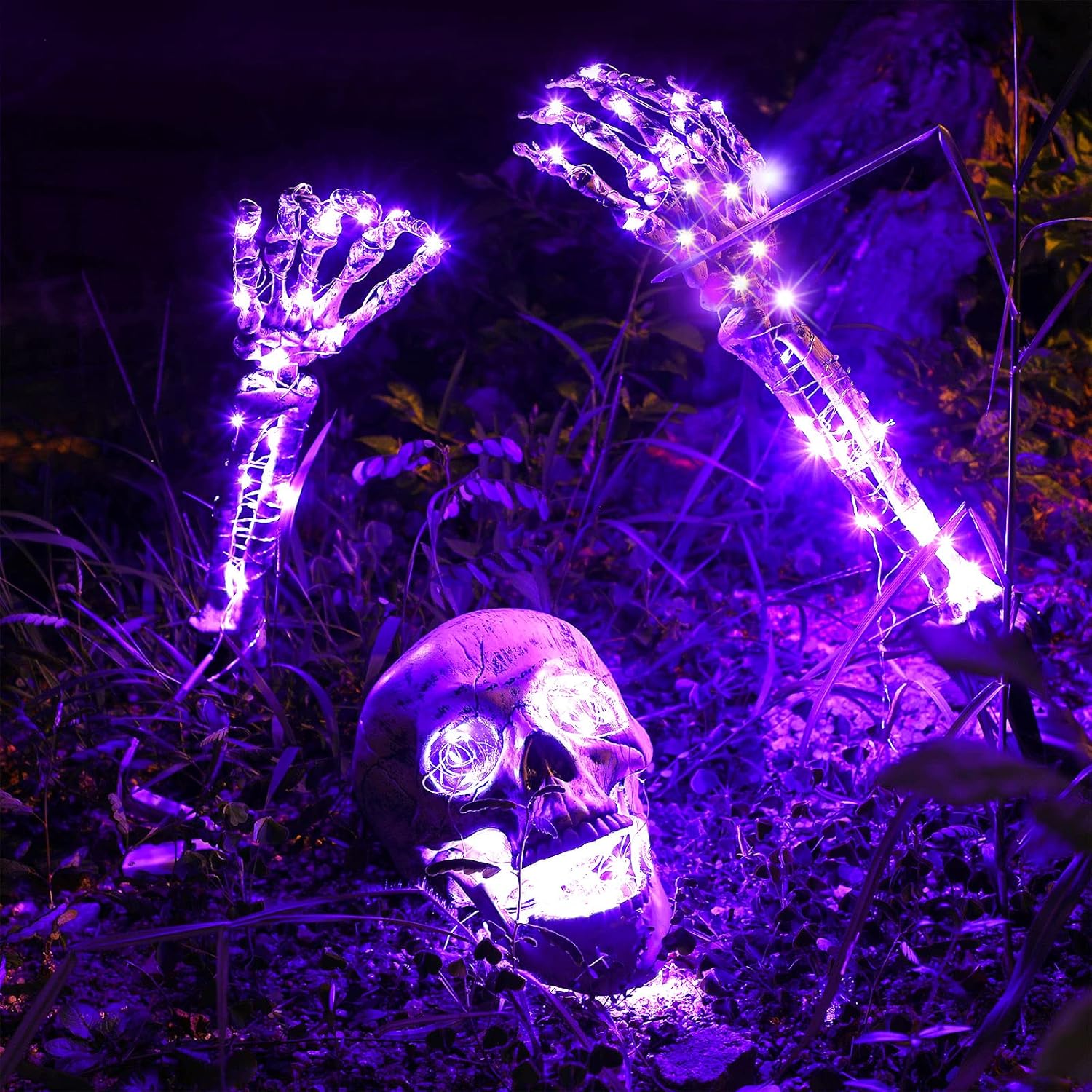 Decorative Garden Stakes - 3 Pack Halloween Skeleton Stakes Outdoor Decorations Realistic Graveyard Skeleton Yard Stakes Lighted Skeleton Skull Arm Stakes Lawn Light up Stakes Garden Scary Ground Skeleton Stake (Purple)