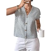 Verdusa Women's Floral Embroidery Button Up Sweater Vest Lightweight Dressy Casual Knit Tops