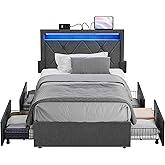 VASAGLE LED Bed Frame Twin Size, Twin Bed with Headboard and 4 Drawers, 1 USB Port and 1 Type C Port, Adjustable Upholstered Headboard 37.1/39.6 Inches, No Box Spring Needed, Dark Gray URMB823G71