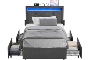 VASAGLE LED Bed Frame Twin Size, Twin Bed with Headboard and 4 Drawers, 1 USB Port and 1 Type C Port, Adjustable Upholstered Headboard 37.1/39.6 Inches, No Box Spring Needed, Dark Gray URMB823G71
