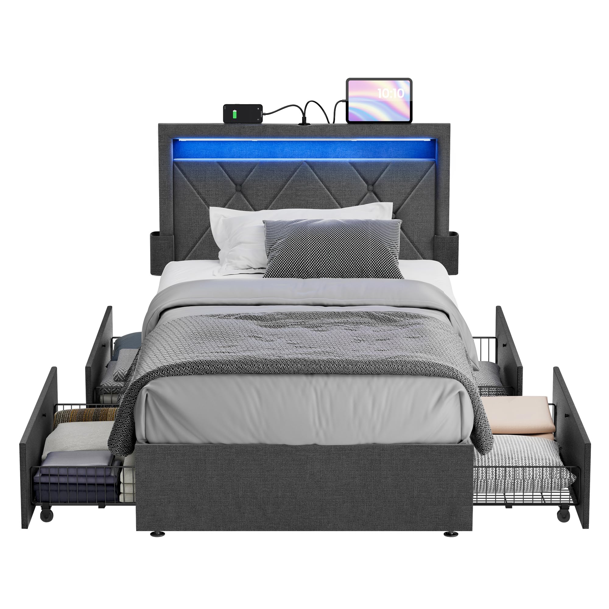 Photo 1 of VASAGLE LED Bed Frame Twin Size, Twin Bed with Headboard and 4 Drawers, 1 USB Port and 1 Type C Port, Adjustable Upholstered Headboard 37.1/39.6 Inches, No Box Spring Needed, Dark Gray URMB823G71