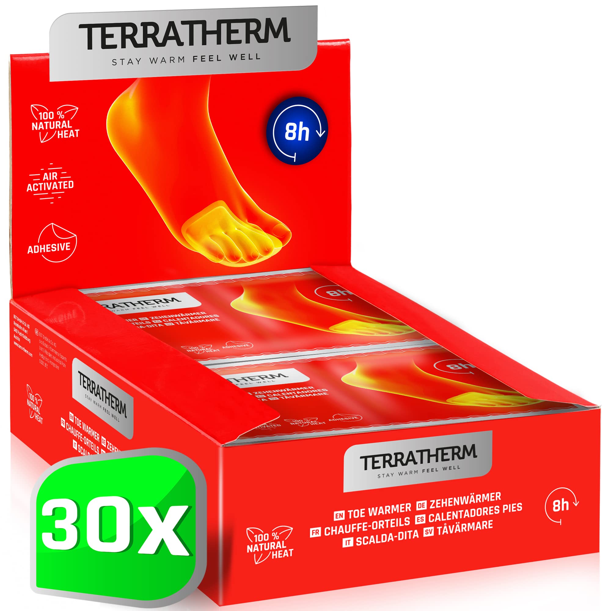 TerraTherm Foot Warmers - air activated - 8 hours of warm feet - 5, 10 or 30 Pairs - 100% natural warmth - Toe Warmers adhesive - 30 Pairs