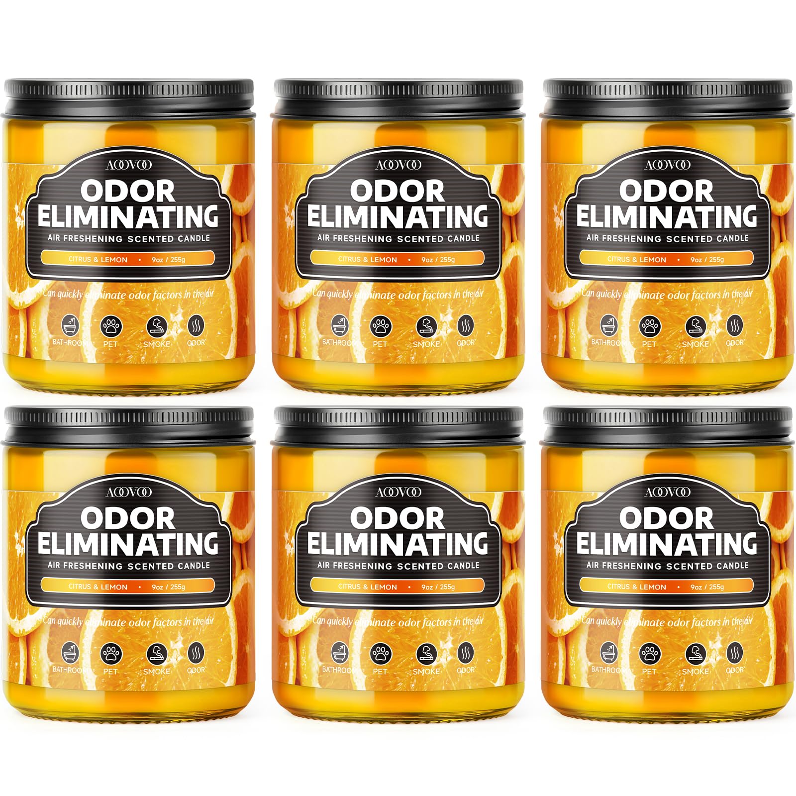 AOOVOO 6 Pack Citrus Lemon Odor Eliminating Highly Fragranced Candle - Eliminates 95% of Pet, Smoke, Food, and Other Smells Quickly, Air Freshing Soy Candle