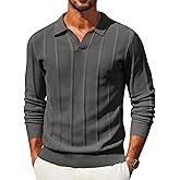 COOFANDY Mens Knit Long Sleeve Polo Shirt Casual Polo Collared Sweater V-Neck Textured Pullover