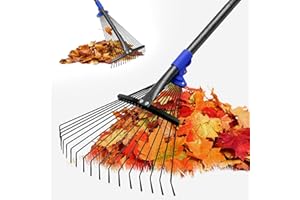 HANGMAICOME Adjustable Garden Rake for Leaves-Heavy Duty Metal Rake with 8-17" Expandable Head,Long Handle Lawn & Yard for Grass, Shrubs,Flower Beds,Camping,Outdoor Cleaning, Women & Kids