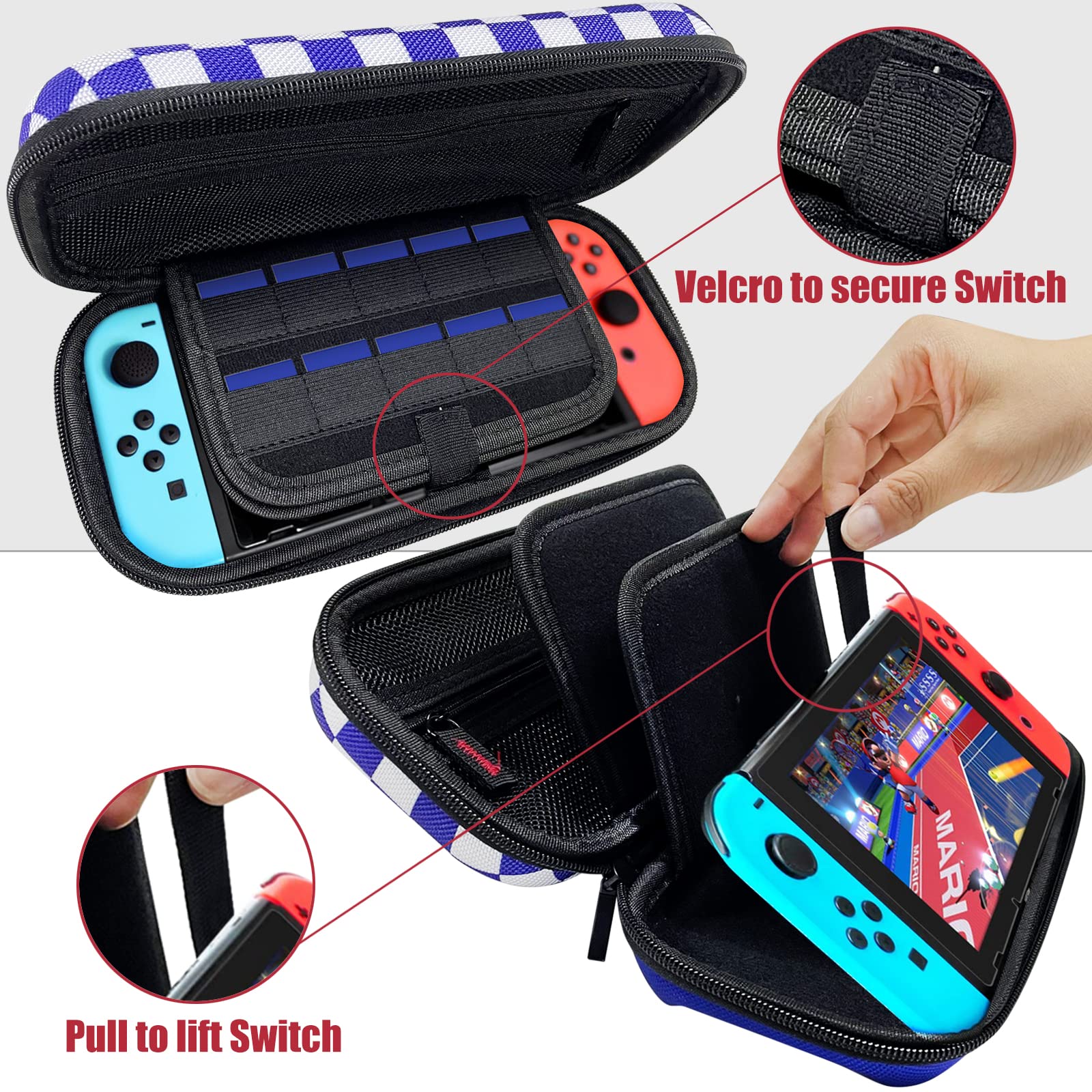 Switch Carrying Case Compatible with Nintendo Switch/Switch OLED - Fit AC Charger Adapter - with 8 Thumb Grips Caps & 20 Game Cartridges Protective