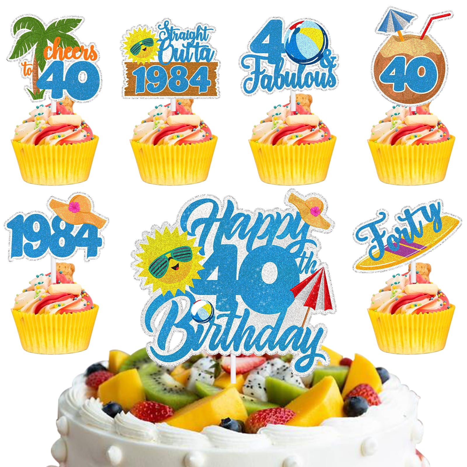Photo 1 of 13 PCS Summer Beach Pool Cake Toppers Glitter Beach 40th Happy Birthday Cake Topper coconut Cupcake for Tropical Hawaii luau Theme Forty Years Old Birthday Party Cake Decorations Supplies