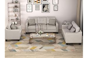 UBGO Sectional 3 Piece, Contemporary Button Tufted Modular Loveseat, 1 Sofa and 1 Armchair for Living Room Apartment Furniture Set, Beige