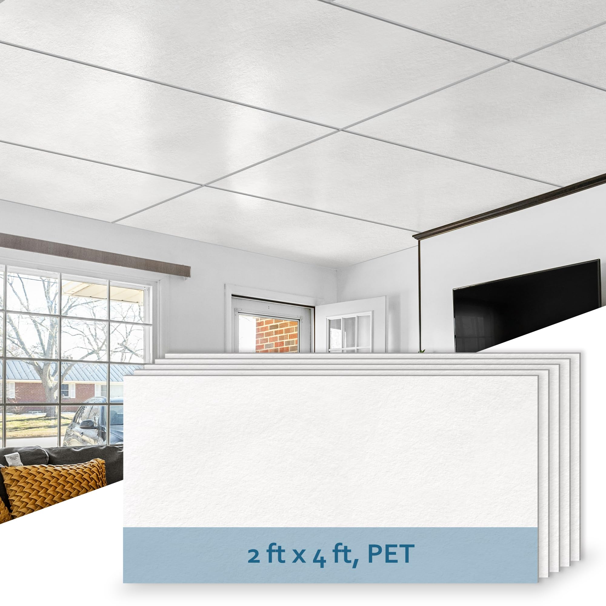 Photo 1 of **DIRTY EDGES***SUNWINGS 10-Pack Drop Ceiling Tiles, 24" x 48" White PET Decorative Ceiling Felt, 2ft x 4ft PET Waterproof Fire-Rated Covering Panels for Kitchen Bathroom Basement, Cover 80 Sq. Ft.