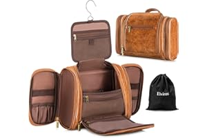 Elviros Travel Hanging Toiletry Bag for Women and Men, Large PU Leather Toiletries Organizer, Water-resistant Bathroom Shaving Kit for Cosmetics, Makeup Case (Large, Brown)