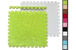 HUIDUO 12 Pcs Shaggy Interlocking Foam Carpet Tiles - 12" x 12", 12 Sq,Ft Kids Carpet Squares Protective Floor Mats Crawling Exercise Area Rugs for Children Room, Home or Classroom Use, Green