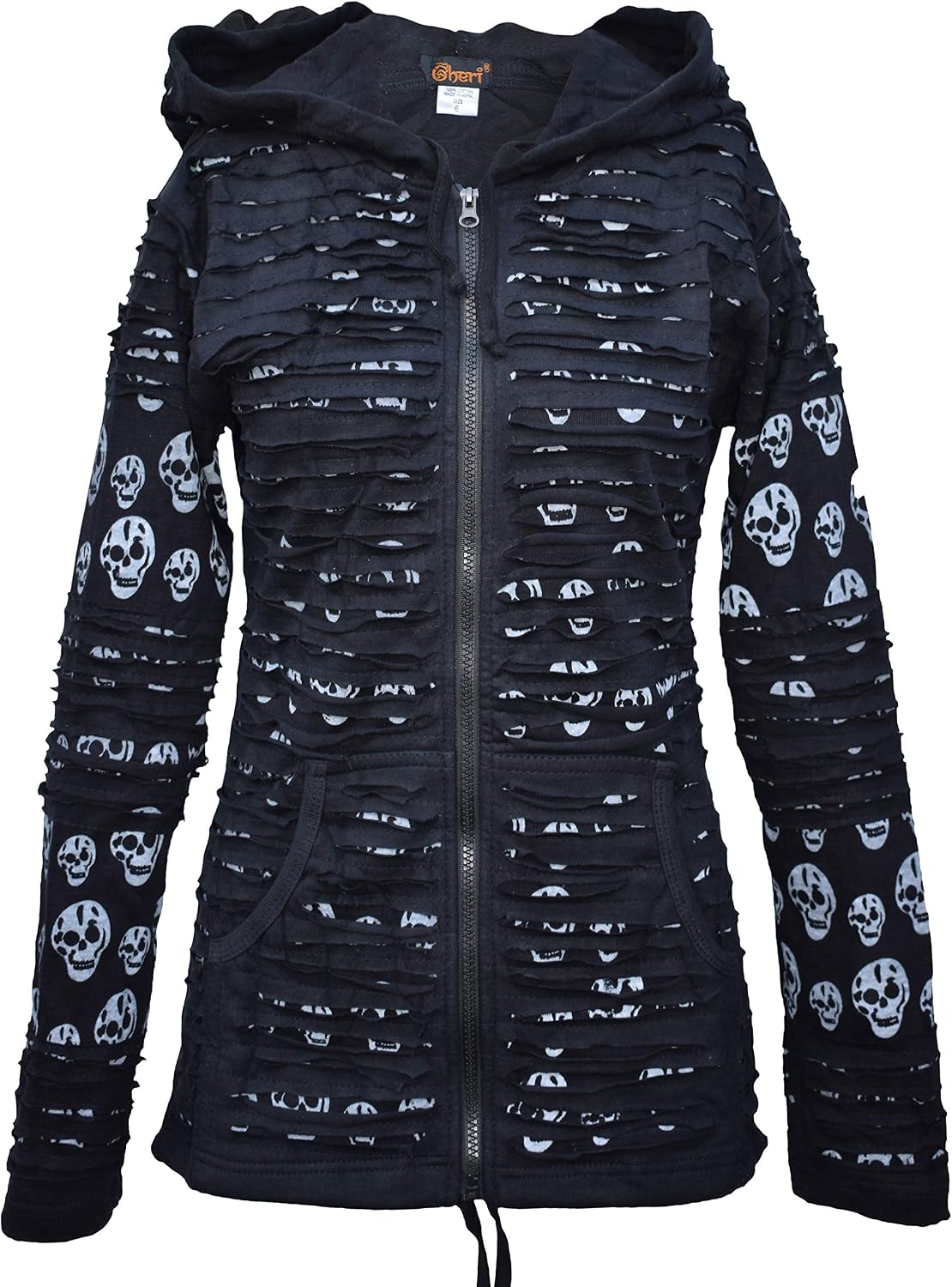 Gheri Women's Skull Printed Slashed Razor Cut Emo Gothic Ribs Hoodie Jacket Black UK 8