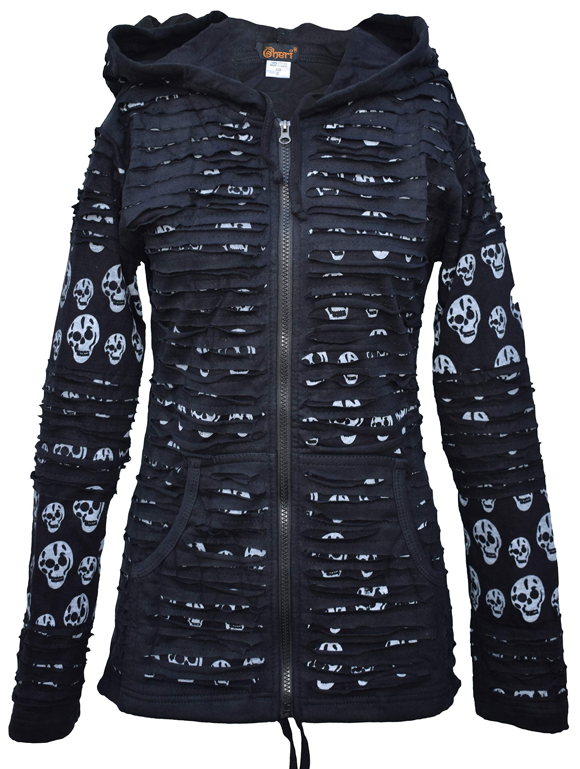 Gheri Women's Skull Printed Slashed Razor Cut Emo Gothic Ribs Hoodie Jacket Black UK 8