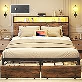 Lifezone Queen Bed Frame with 2-Tier Storage Headboard, Metal Bed Frame with Storage Drawers & Built-in Charging Station & LED, Noise-Free, No Box Spring Needed, Easy Assembly, Rustic Brown