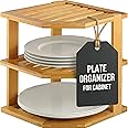 Plate Organizer for Cabinet - 3 Tier Bamboo Corner Shelf Cabinet Organizer for Plates, Bowls, Mugs and Pantry Storage, Space 
