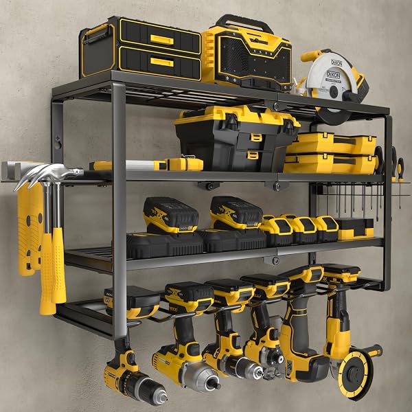 YYR 4 LAYER POWER TOOL ORGANIZER WALL MOUNT, CORDLESS DRILL HANGER STORAGE RACK, BATTERY TOOLS HOLDER WITH CHARGING STATION SHELF FOR GARAGE ORGANIZATION, WORKSHOP, PEGBOARD, SHED – 24 INCH 6 SLOTS