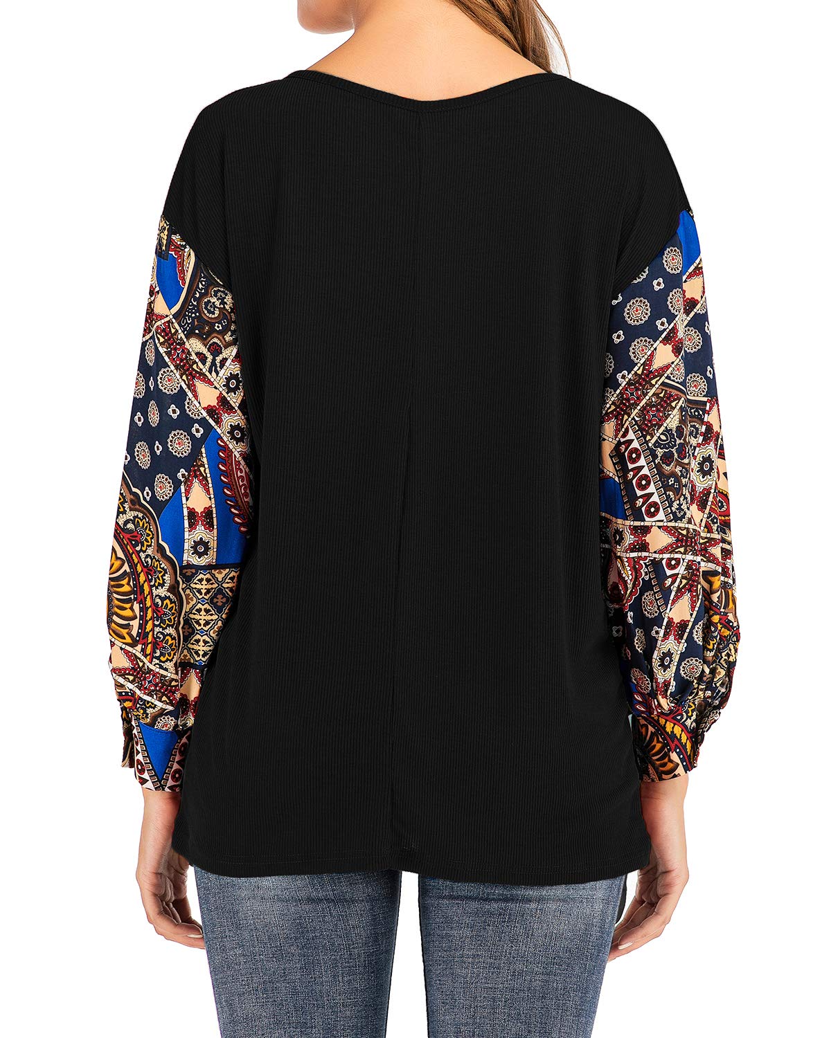 LeMarnia Boho Clothing for Women, Ladies Crewneck Puff Sleeve Patchwork Shirts Floral Print Casual Knit Tops Loose Pullover Sweatshirt Black S