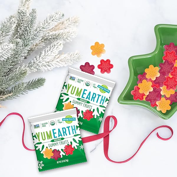 YUMEARTH HOLIDAY ORGANIC GUMMY FRUITS 15CT BOX ALLERGY FRIENDLY CHRISTMAS CANDY, DYE FREE, GLUTEN FREE, NON GMO FRUIT SNACKS