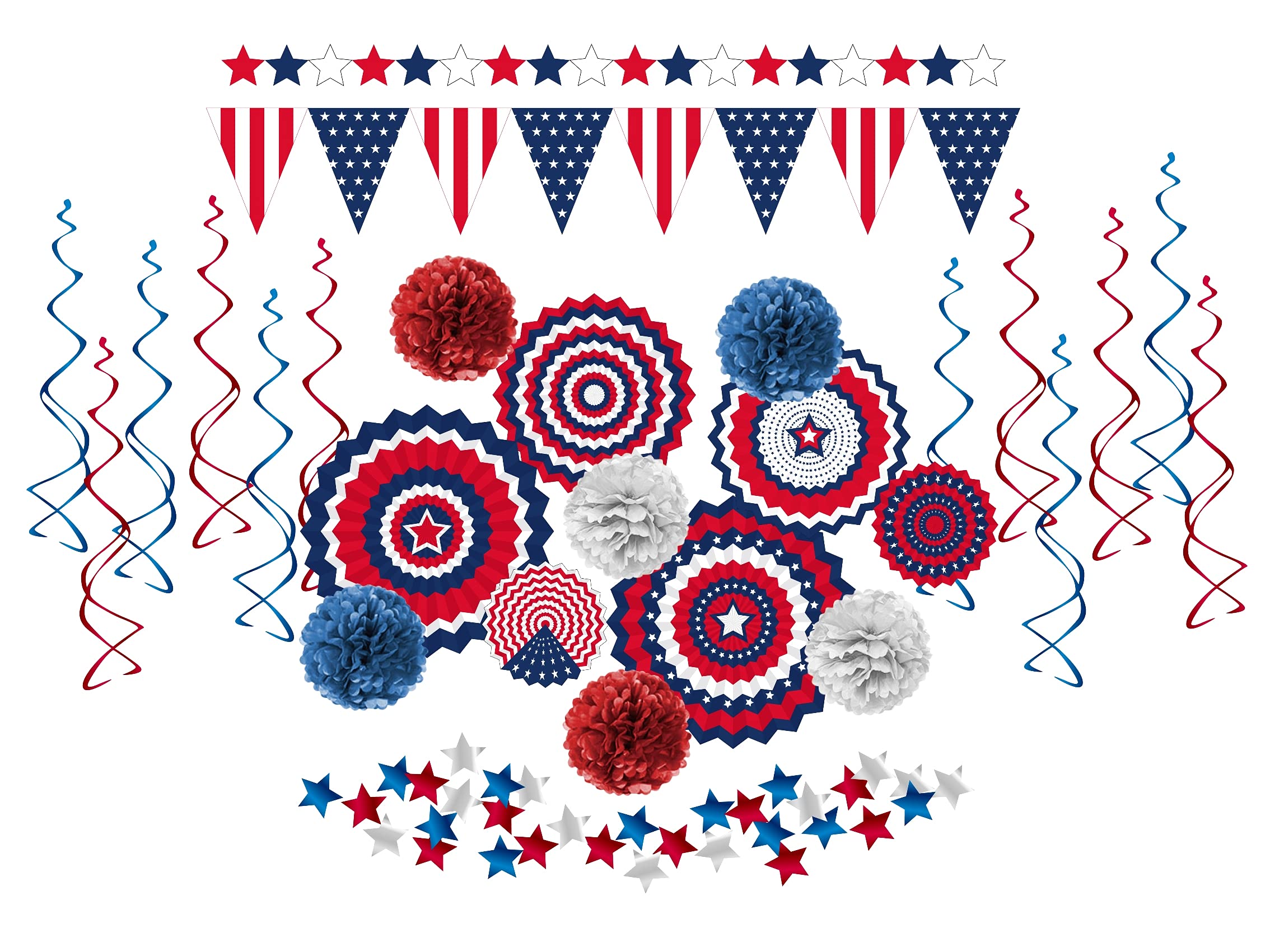 Photo 1 of 29pcs Fourth of July Ultimate Patriotic Decorations Kit Blue Red White Paper Fans Flag Banner Star Streamer Hanging Swirls, Pom Pom, Confetti, Garland Ideal for your 4th of July Party