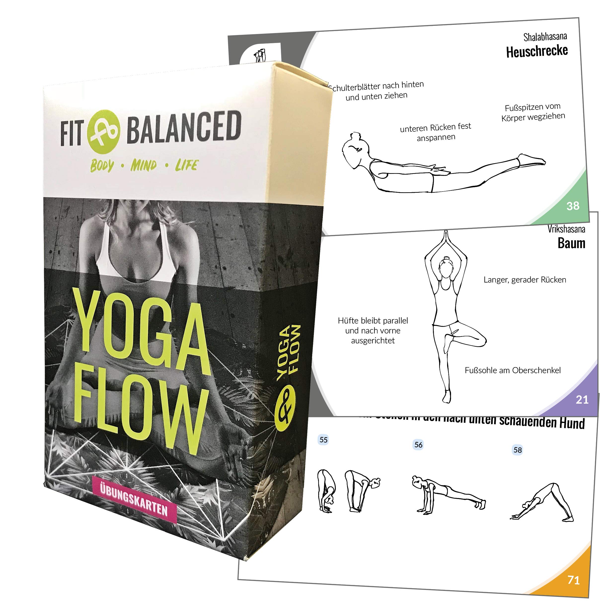 FIT BALANCED Yoga Cards for Beginners & Advanced with 60+ Exercises, 100 Cards, Online Introductory Class, Meditations & Breathing Exercises Sliding Box