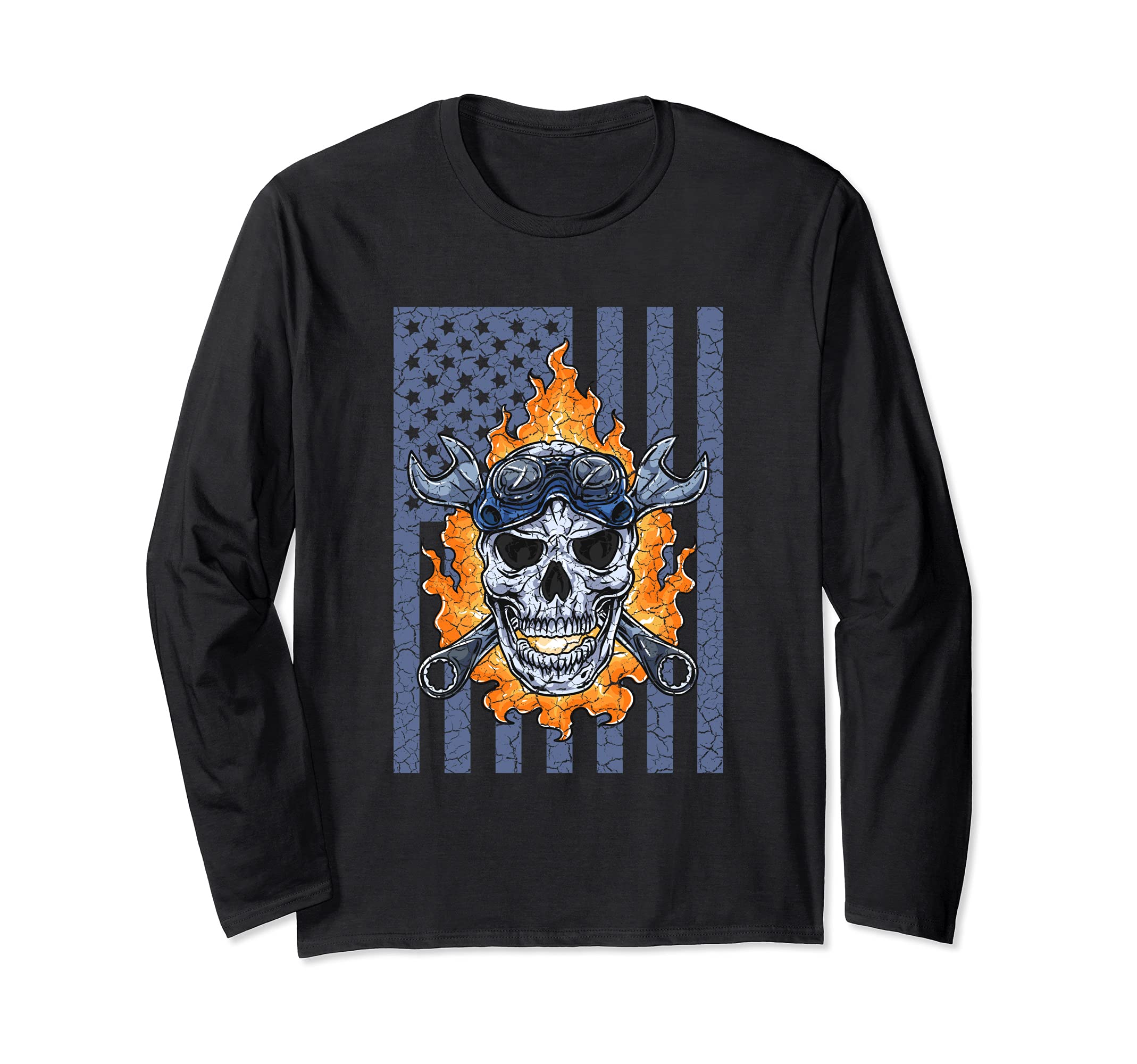 Mechanic Handyman Fire Skull American Flag Tools Wrench Long Sleeve T-Shirt