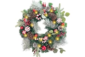 WANNA-CUL Pre-Lit 24 Inch Lighted Christmas Wreath for Front Door Red White Christmas Door Wreath Decoration with Ball Ornaments, Candy Canes,Eucalyptus Leaves, Battery Operated 30 LED Lights
