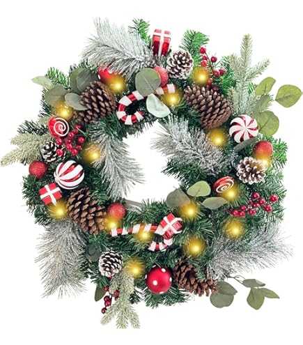Ulinek Couronne De Noël Porte Artificielle, LED Guirlande Minuterie à Piles Décoration Pin Epicéa Intérieur Extérieur Sapin Lumineuse Décor Porte Mural Vitre Fenêtre