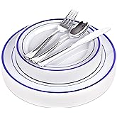 125-Piece White and Blue Fancy Plastic Plates Disposable with Silverware, Elegant Dinnerware for Weddings, Holiday Party China, Set of 25 Dinner + Salad Plates, 25 Spoons, 25 Forks, 25 Knives