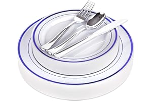 STOCK YOUR HOME 125-Piece White and Blue Fancy Plastic Plates Disposable with Silverware, Elegant Dinnerware for Weddings, Holiday Party China, Set of 25 Dinner + Salad Plates, 25 Spoons, 25 Forks, 25 Knives