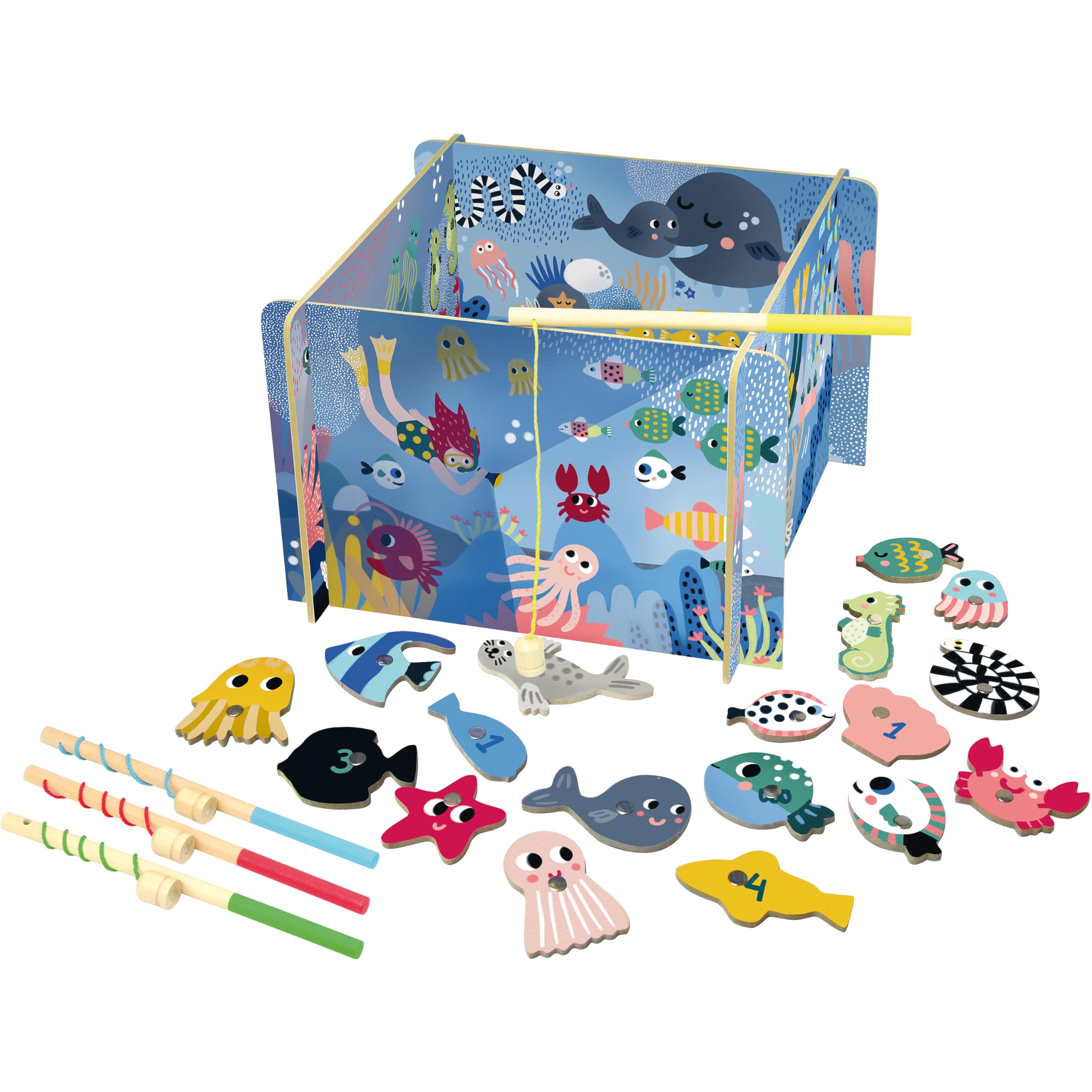 Vilac Wooden Magnetic Fishing Box, Aquarium Game Set, Includes 4 Magnetic Fishing Rods, 20 Magnetic Pieces of Sea Animals or Creatures and 1 Under the Sea Themed Box, 2-4 Players, 3 Years+