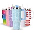 40OZ Bling Tumbler With Handle Studded Rhinestone Tumbler Glitter Cups with Lid Stainless Steel Vacuum Thermal with Straw for Ice Cold or Warm Drinking for Women Cup (Blue Shiny)