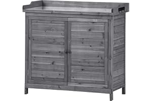 Knocbel Outdoor Garden Potting Bench Table for Outside Planting, Wooden Gardening Work Station Storage Cabinet with 2 Doors, Side Hooks and Waterproof Tabletop