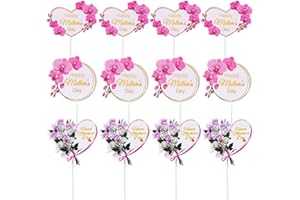 SUMERSHA 12 Pieces Happy Mother's Day Cake Toppers Flower Cupcake Topper for Mother's Day Birthday Cake Decoration Party Supplies, 3 Styles